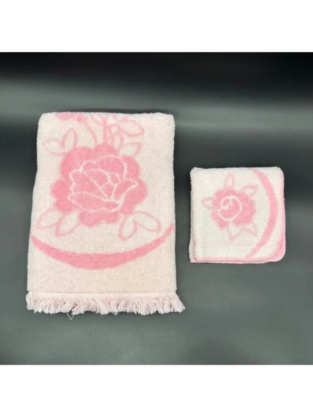 Vintage Bath Towel Washcloth Set Floral Pink Rose Flowers Cottage Romantic Retro